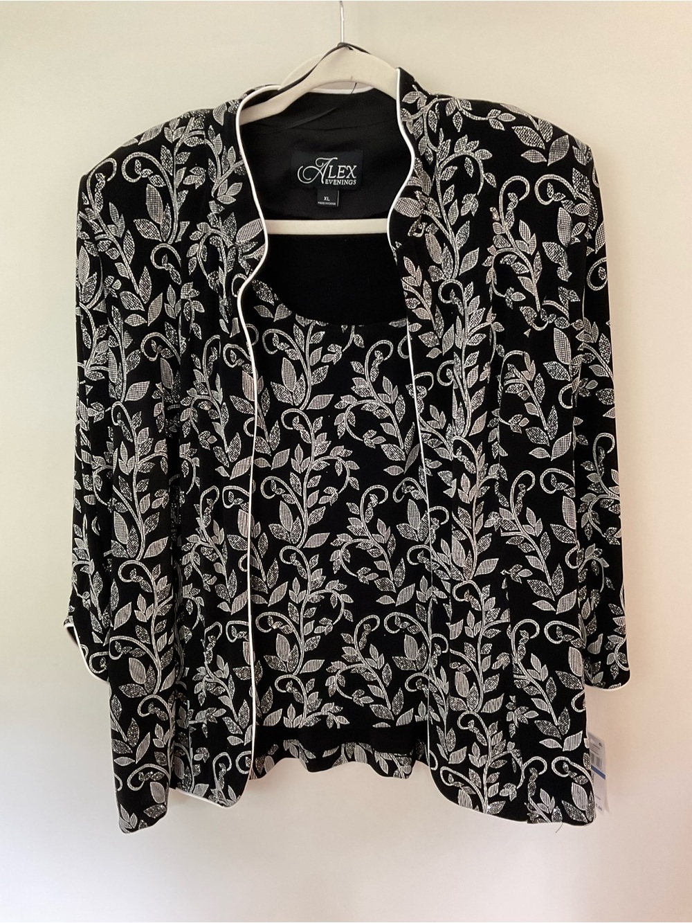 Alex Evenings Black Jacket and Tank with Silver Floral Embroidery